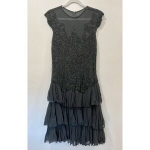 Vintage black silk beaded sleeveless midi dress ruffle skirt